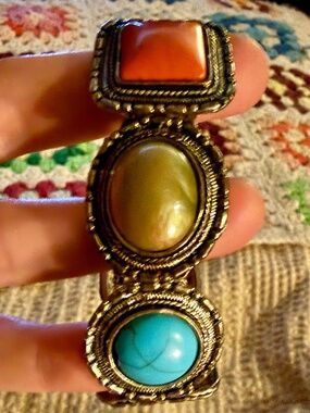 Antique Silver Elastic Bracelet with Multicolor Stone Beads